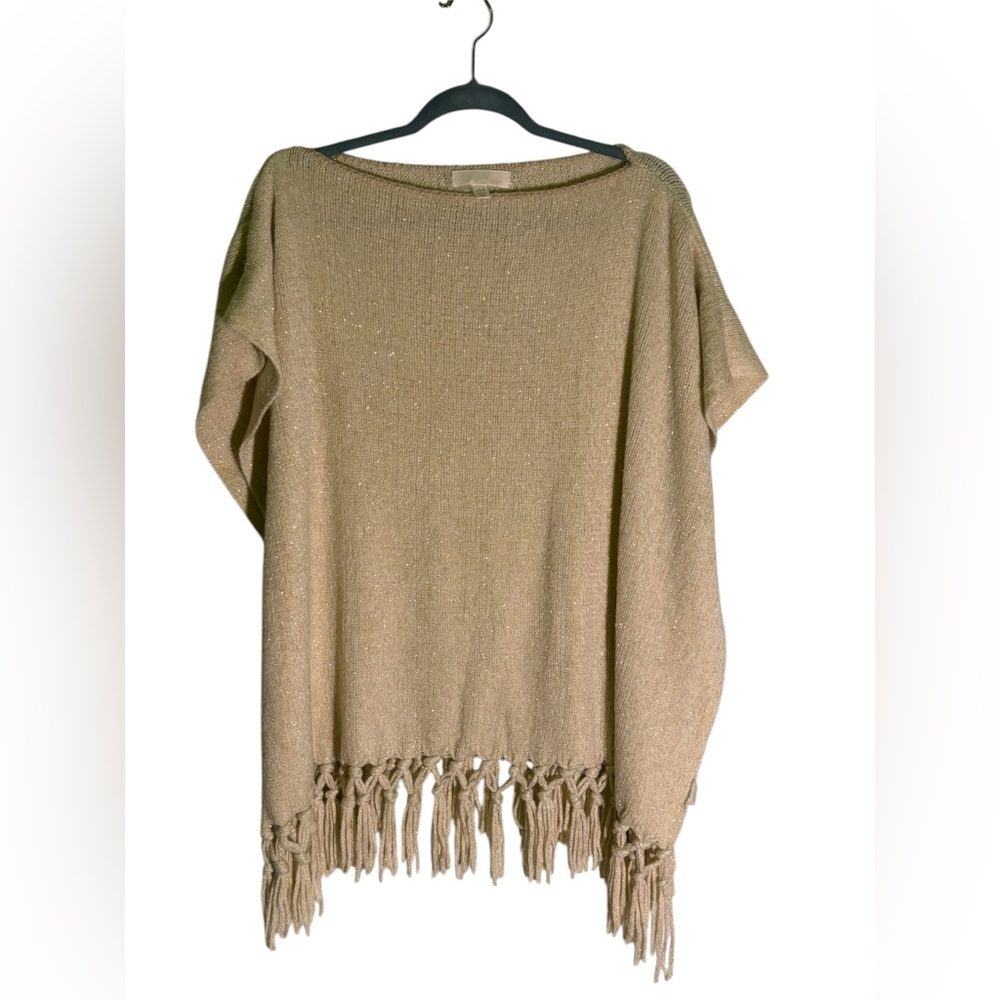Francesca’s Cream Gold Metallic Fringe Poncho Sweater Cape - One Size (OS)